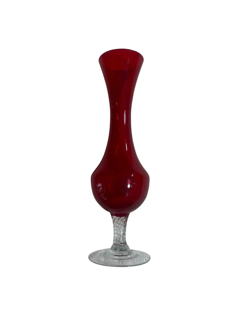 Vintage 1960s Empoli Slim Red Blown Glass Posey Vase Clear Textured Stem WOW